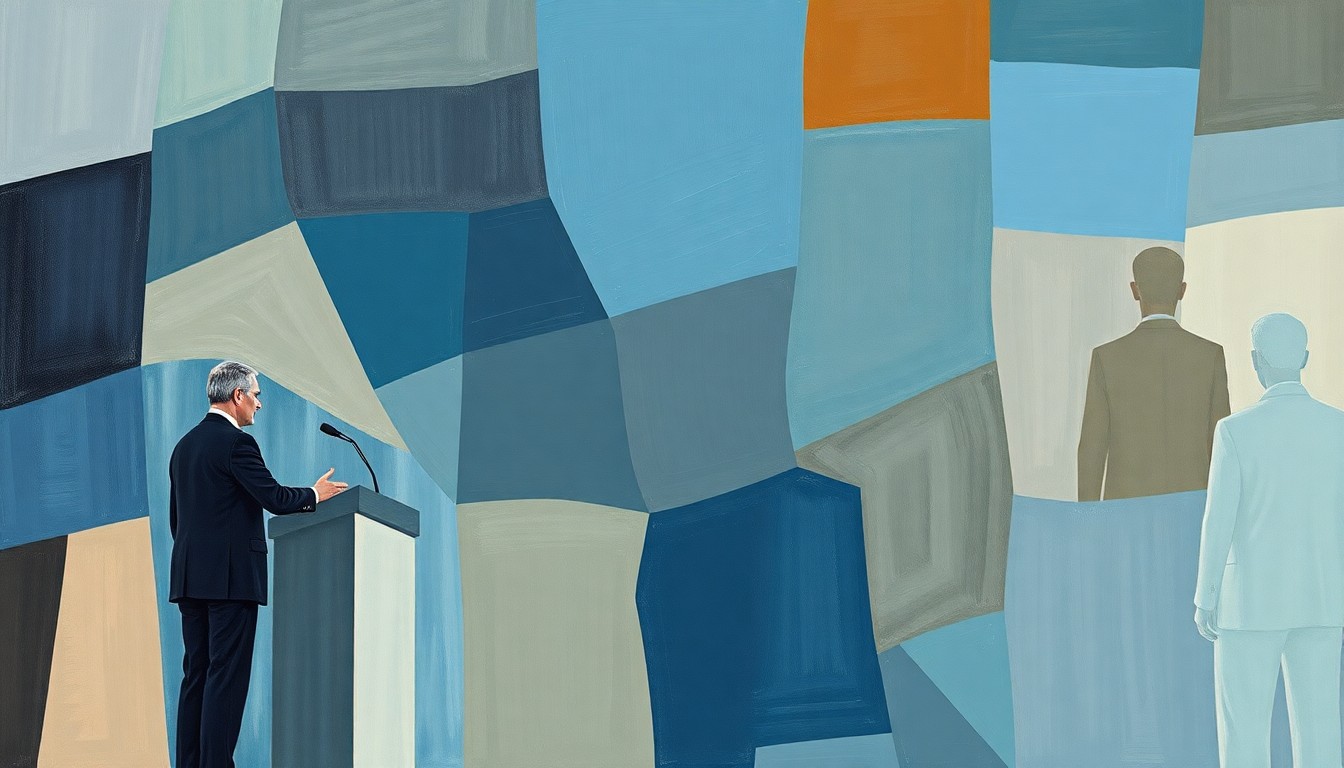 An abstract, fragmented painting depicting two figures in suits, one dark and one light, standing at a podium, with the figures repeated in overlapping geometric shapes and waves of color, conveying a sense of motion and disorientation.