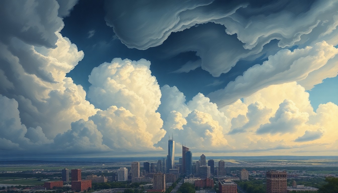 A sweeping, atmospheric landscape painting in muted tones of gray, blue, and green, depicting a dramatic storm system with swirling clouds dominating the skyline over the city of Milwaukee, conveying a sense of the overwhelming power of nature.