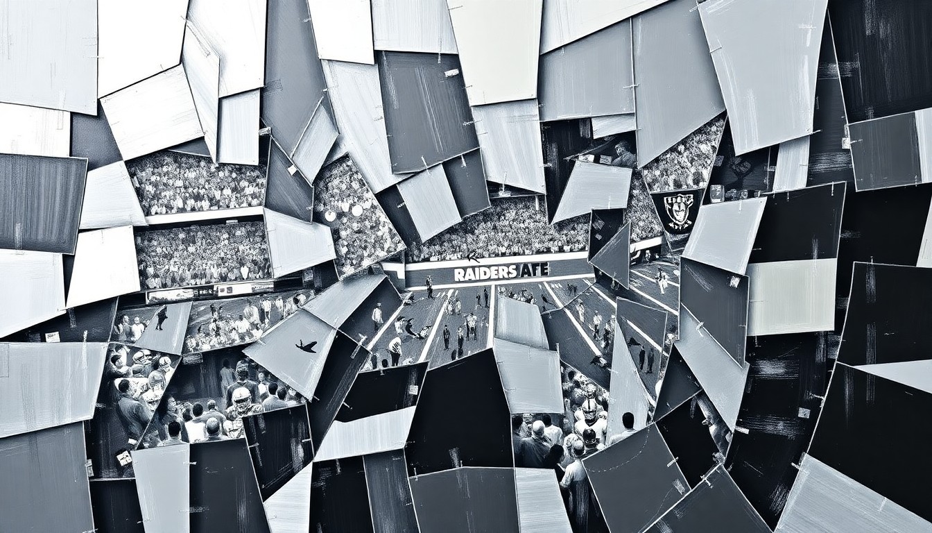 A cubist, geometric painting depicting fragmented, overlapping shapes and planes in silver and black, representing the collaborative process of the Raiders' offseason rebuild under new coach Klint Kubiak.