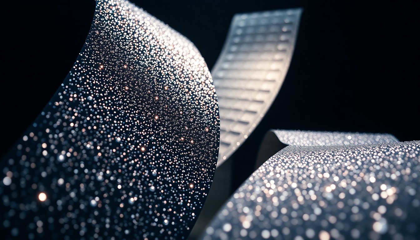 An extreme close-up of shimmering, glittering film reel textures in dramatic, high-contrast studio lighting, conceptually representing the glamour and spectacle of Hollywood blockbuster filmmaking.