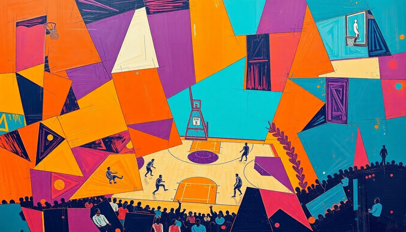 A cubist, geometric painting depicting a basketball game or match, with overlapping planes of vibrant orange, purple, and teal colors, capturing the energy and movement of the sport in an abstract, deconstructed style.