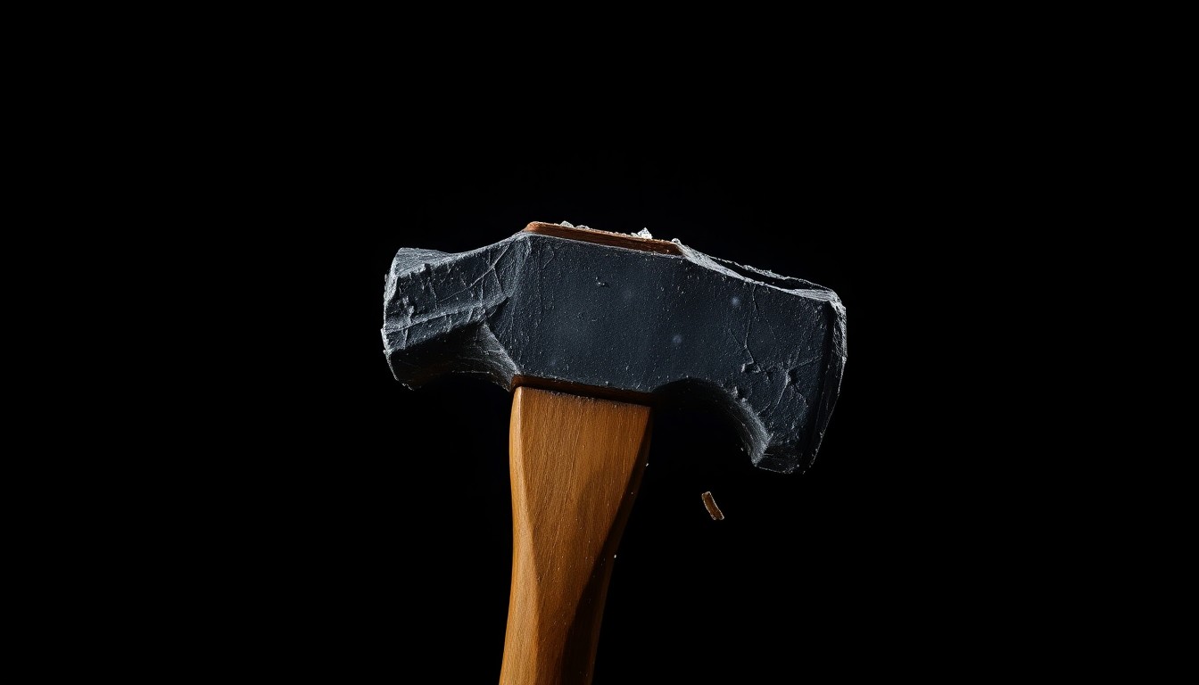 An extreme close-up of a shattered hammer head against a pitch-black background, lit by a harsh, direct camera flash, conceptually representing the violent weapon used in a domestic homicide.