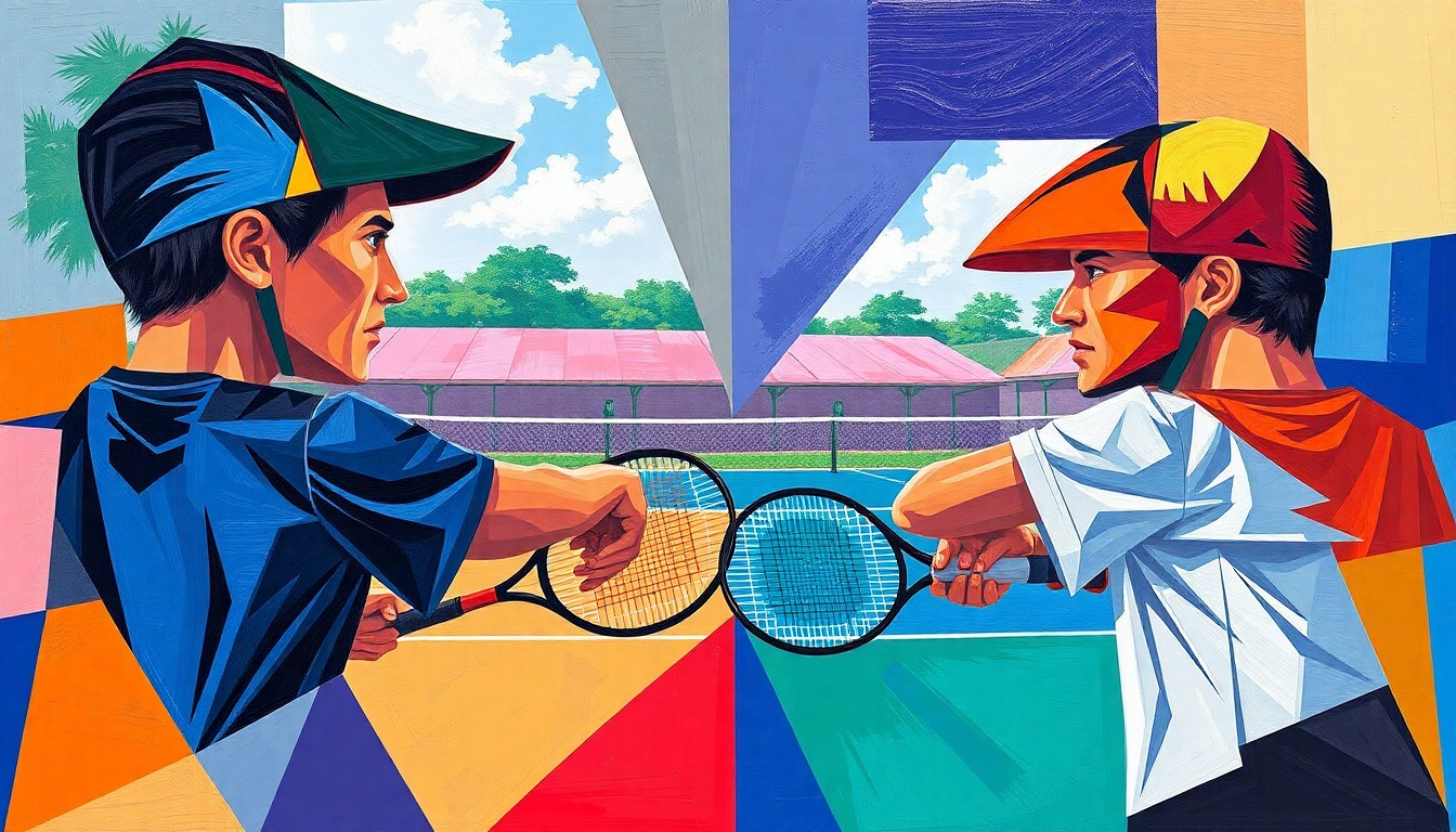 A fractured, multi-perspective painting depicting the dynamic action of a college tennis match, with sharp geometric planes in the team colors of the APSU Governors and North Florida Ospreys, conveying the competitive energy and high stakes of the ASUN Championship quarterfinal.