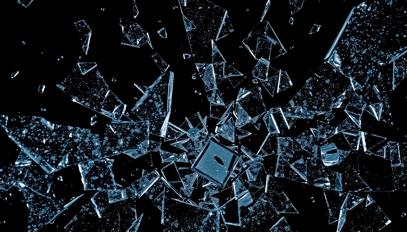 An extreme macro photograph of shattered glass shards reflecting dramatic studio lighting, creating a high-contrast, abstract texture that evokes the dark, suspenseful tone of the Dexter revival series.