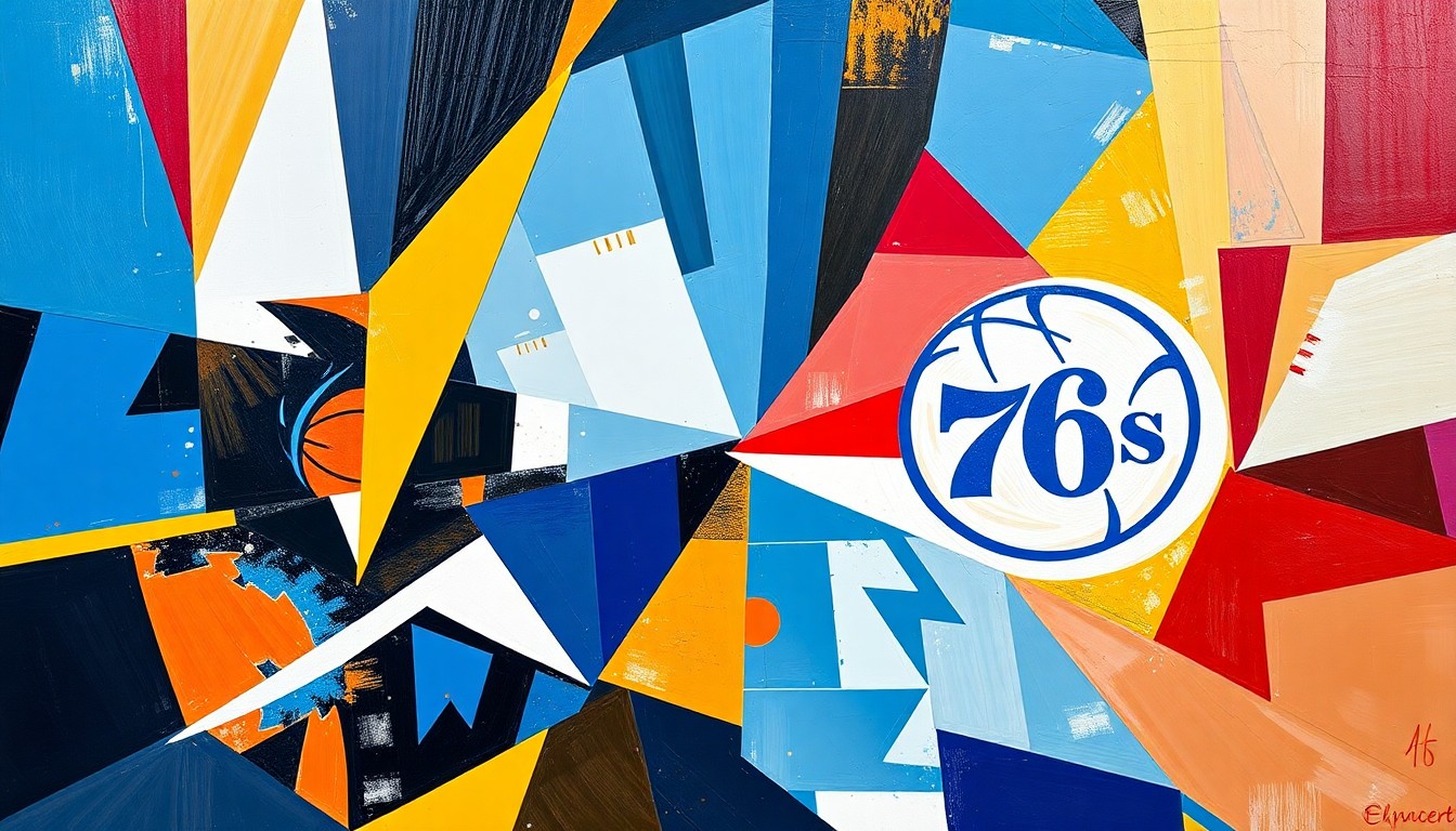 A cubist, geometric painting depicting a basketball game or match, with sharp, overlapping planes of color representing the Orlando Magic and Philadelphia 76ers teams.
