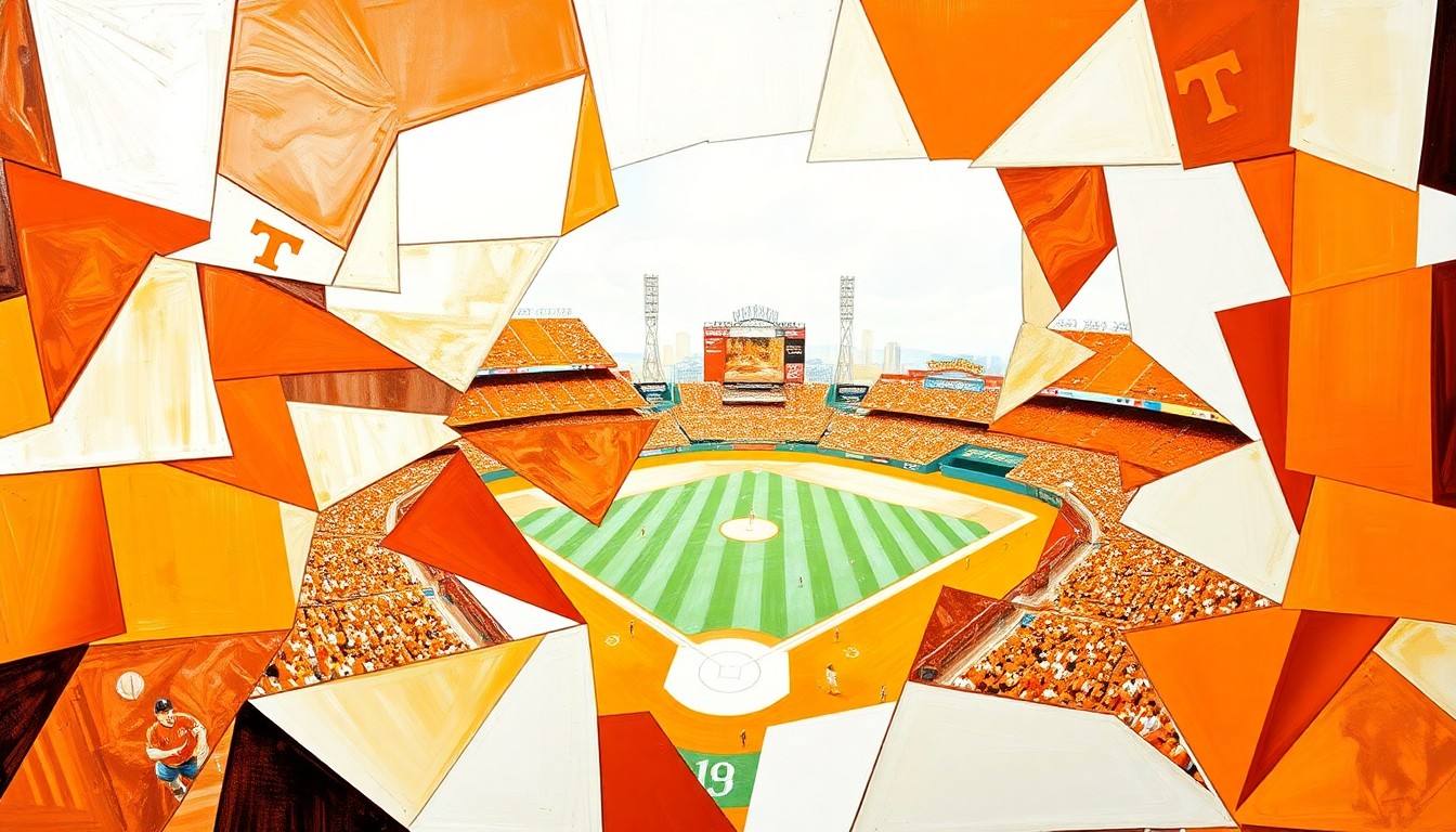 A vibrant, fragmented painting depicting a Tennessee baseball game, with the players and field broken down into sharp, overlapping geometric shapes in the team's signature orange and white colors, conveying the raw intensity and movement of the sport.