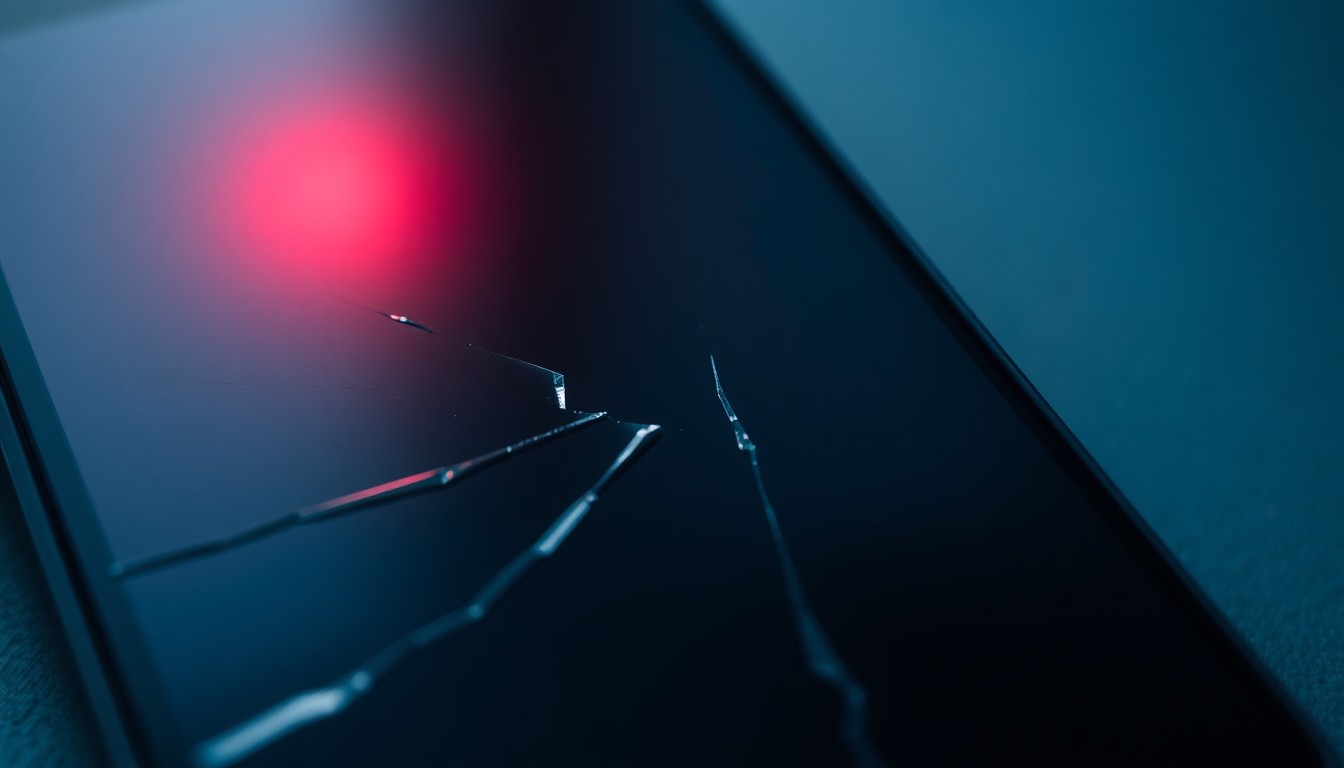 An extreme close-up photograph of a shattered cell phone screen reflecting a faint red light, conveying a sense of the aftermath and emotional turmoil of a domestic violence incident.