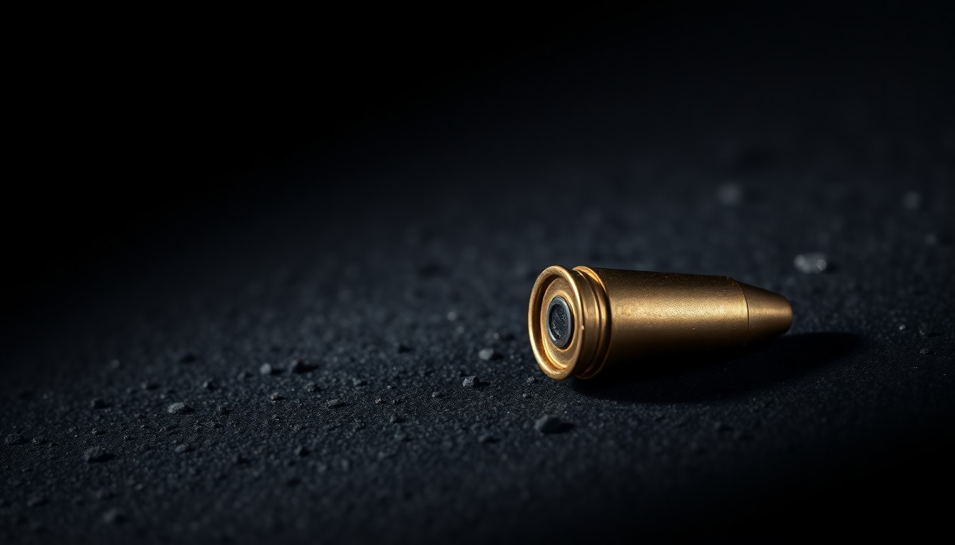 An extreme close-up photograph of a single spent shell casing on a dark, textured surface, conceptually representing the aftermath of a shooting incident.