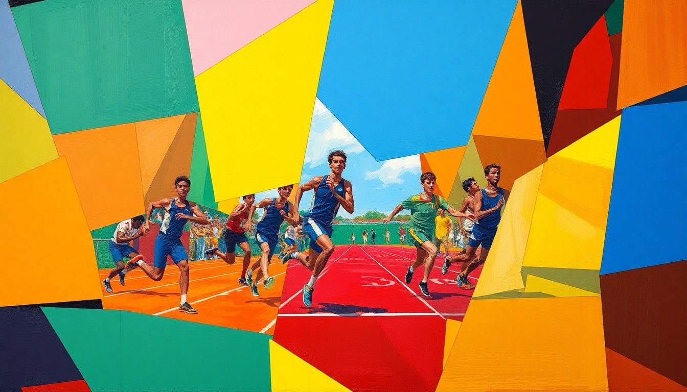 A fragmented, geometric painting featuring sharp, overlapping planes of color representing the motion and intensity of a high school track and field event or competition.