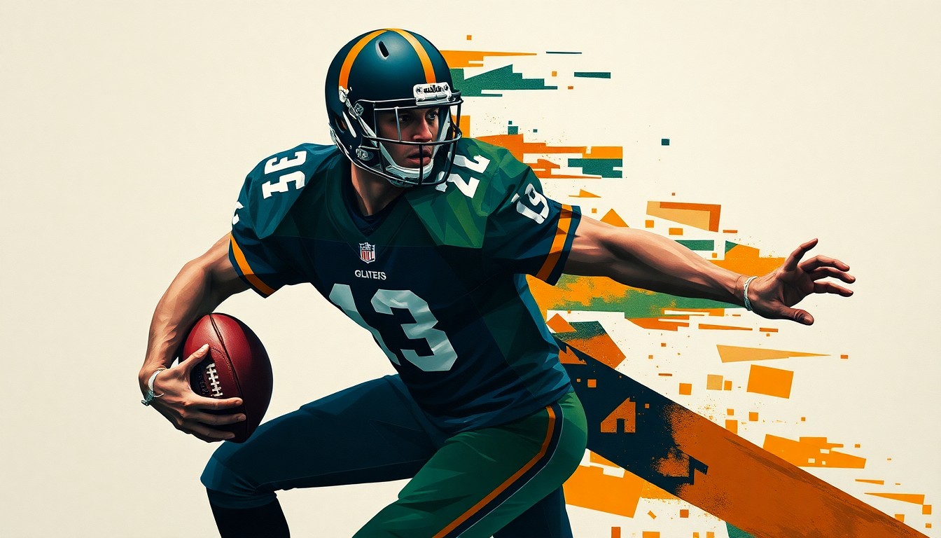 A fractured, geometric painting in muted tones of navy, green, and orange, breaking down the movements of a football player into sharp, overlapping planes, conceptually representing the complex legal dynamics of this case.