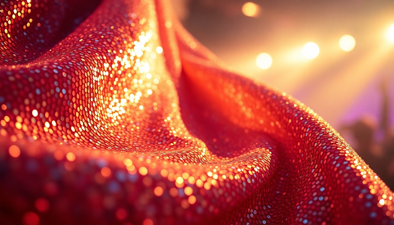 An extreme close-up photograph of shimmering sequins and iridescent fabric, capturing the luxurious textures and dramatic lighting of a music festival stage.