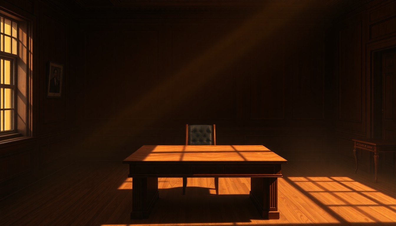 A warm, cinematic painting of an old wooden desk in a shadowy government office, with diagonal sunlight streaming in through a window, conceptually representing the preservation of historical political documents.