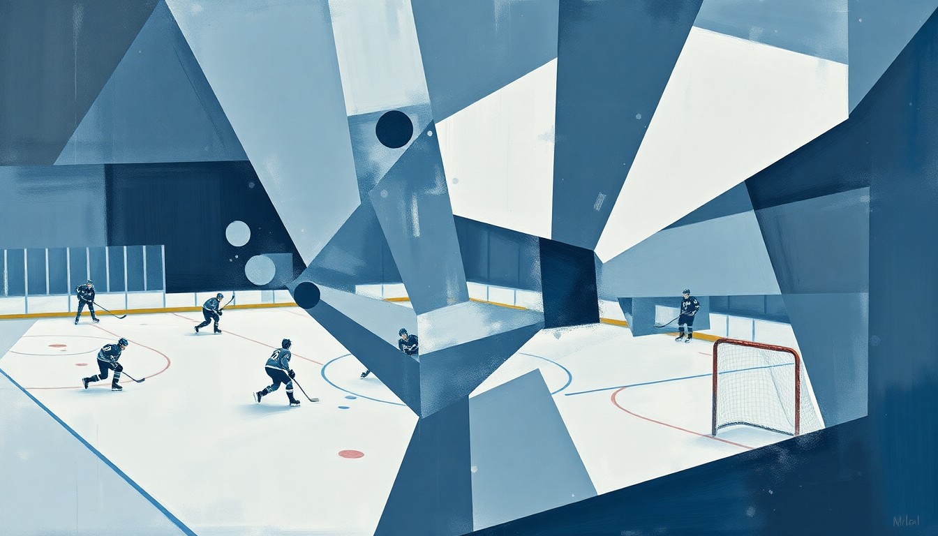 A cubist, geometric painting depicting a fragmented hockey scene, with overlapping planes of muted blue, gray, and white hues representing the complex decisions facing the Islanders' management.