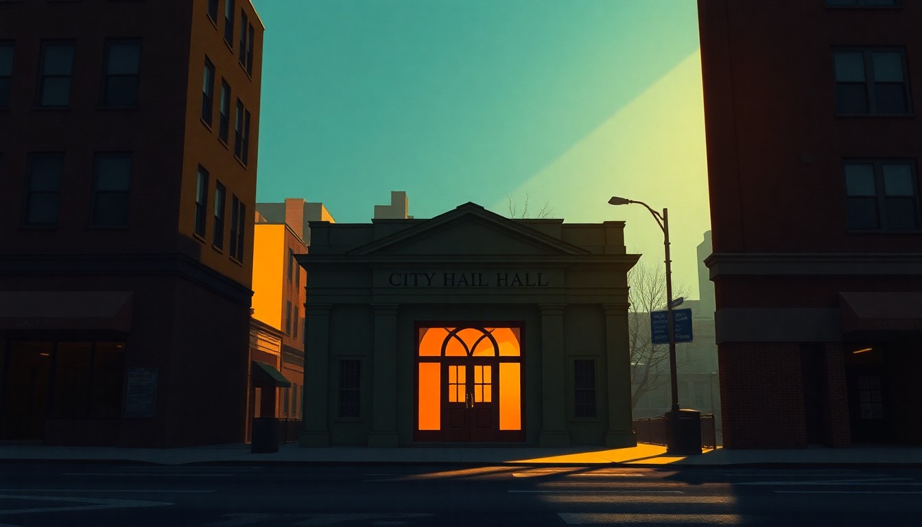 A serene, photorealistic painting of a San Antonio city street corner with a government building in the background, bathed in warm, golden light and deep shadows, capturing the quiet contemplation of urban planning decisions.