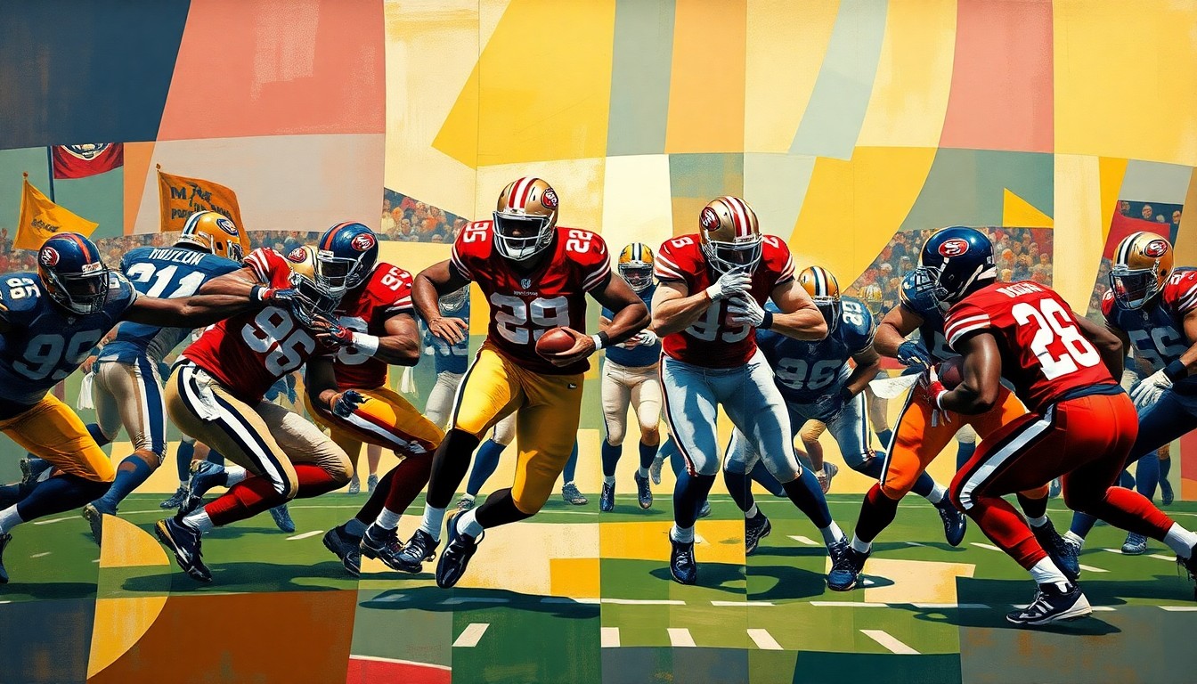 A fractured, multi-perspective painting in a cubist style, breaking down a football game into sharp, overlapping geometric shapes in a palette of deep red, navy blue, and bright gold. The players' forms are abstracted into angular, interlocking shapes, conveying the dynamic energy of the sport.