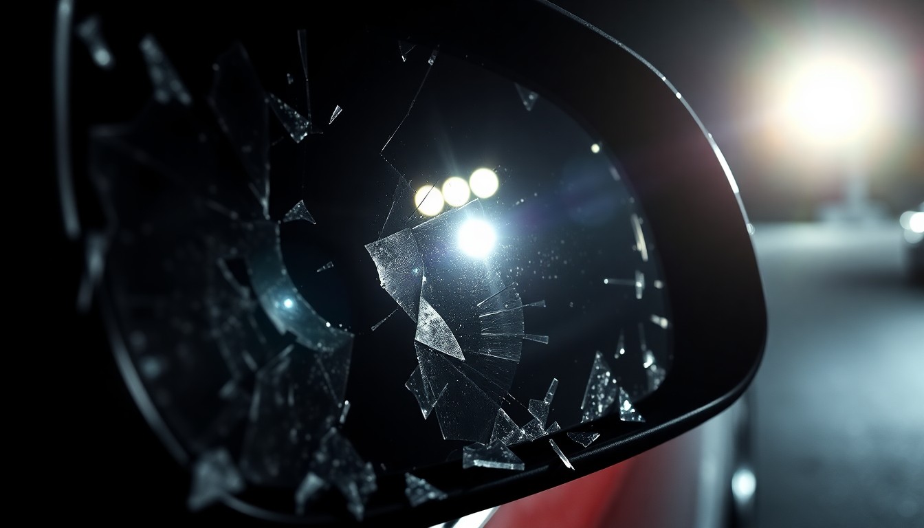 An extreme close-up photograph of a shattered car side mirror reflecting the harsh glare of a camera flash, conceptually representing the aftermath of a violent collision.