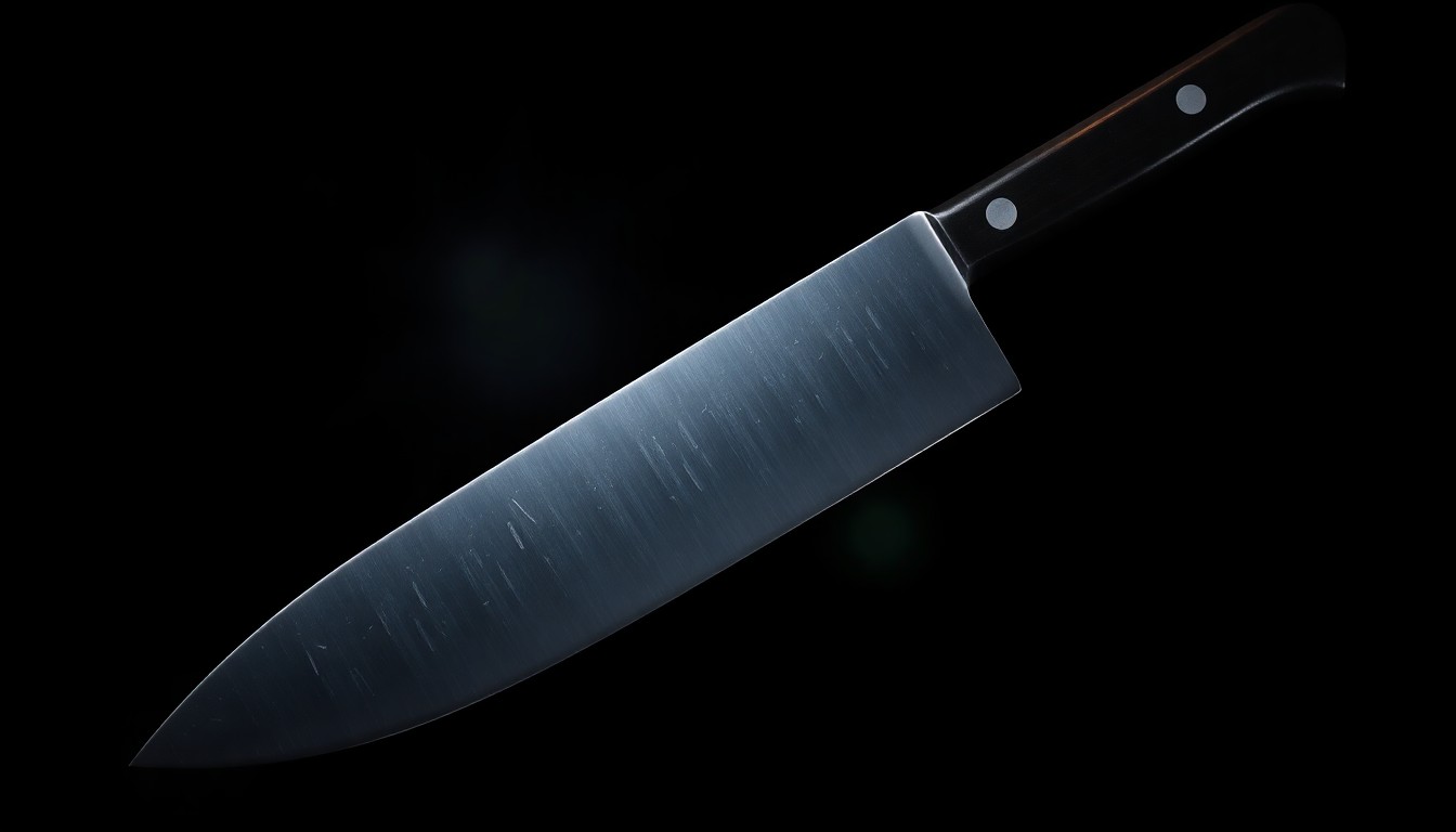 An extreme close-up of a large, serrated kitchen knife against a stark black background, conceptually representing the weapon used in a violent retail crime incident.