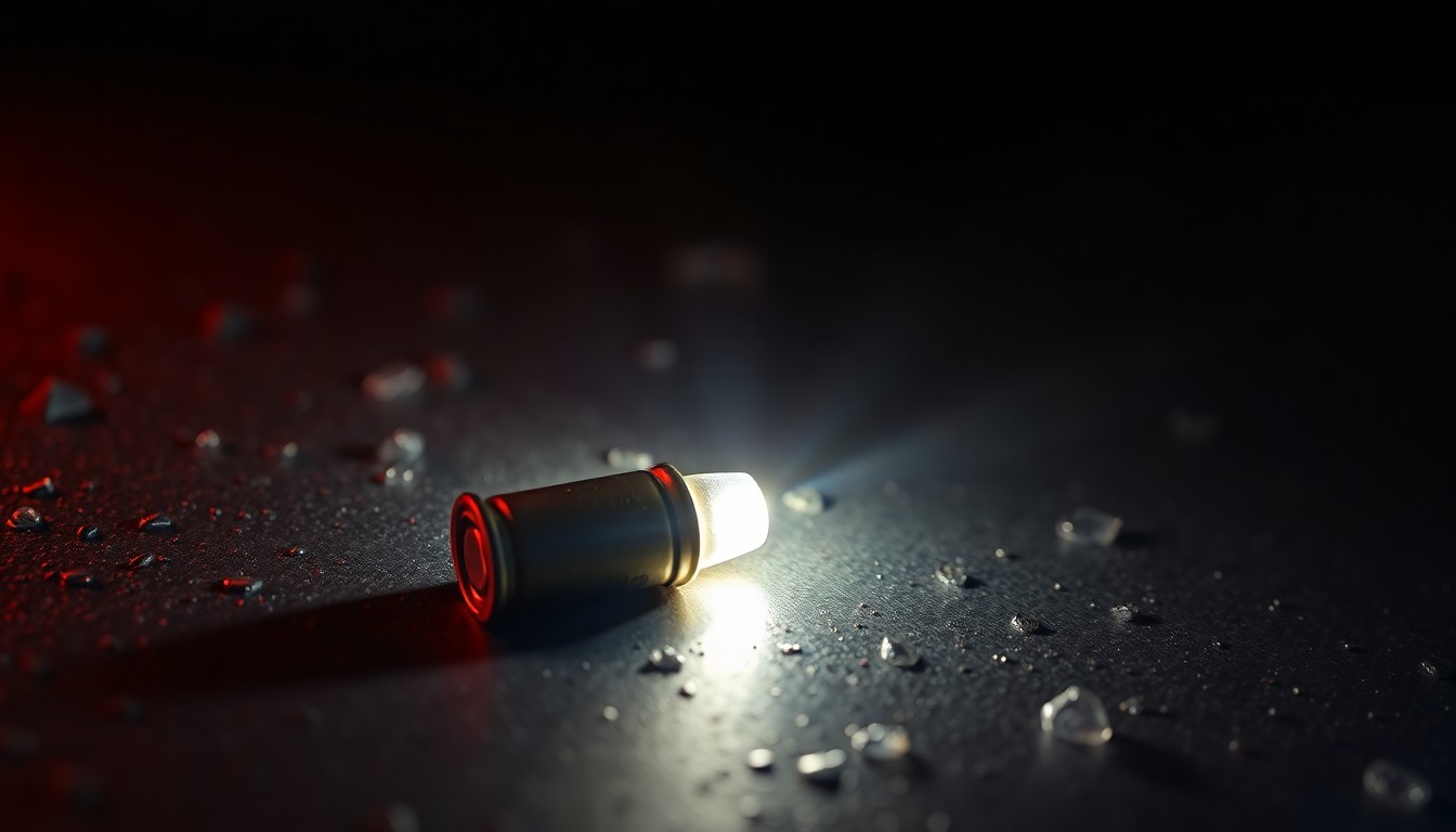 An extreme close-up photograph of a single spent shell casing on a dark, textured surface, lit by a harsh camera flash, conceptually representing the aftermath of a violent crime.