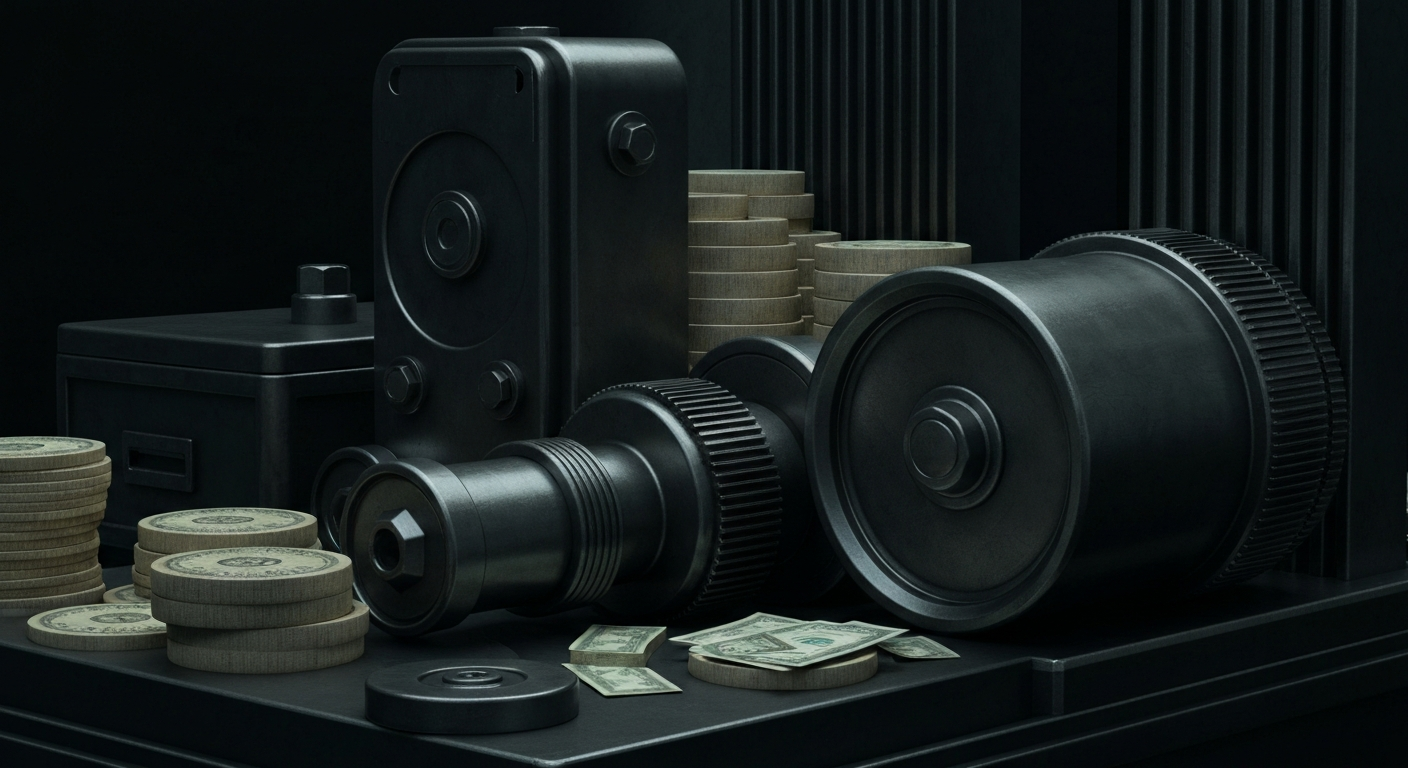 An extreme close-up of various gears, levers, and other industrial machinery, conveying the complex financial infrastructure underlying a publicly traded company.