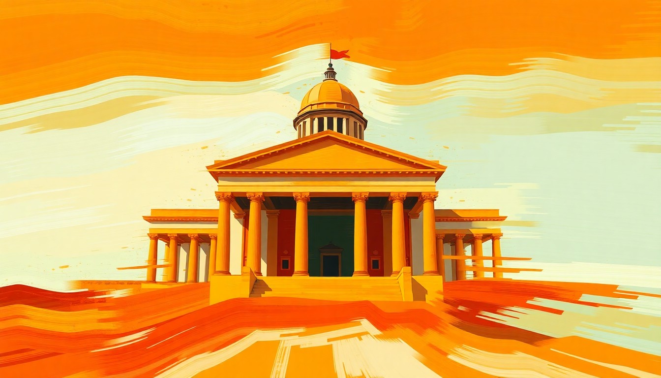 A dynamic, abstract painting featuring overlapping, fractured shapes and waves of warm colors, conceptually representing the chaos and uncertainty surrounding the California governor's race after a major candidate's departure.