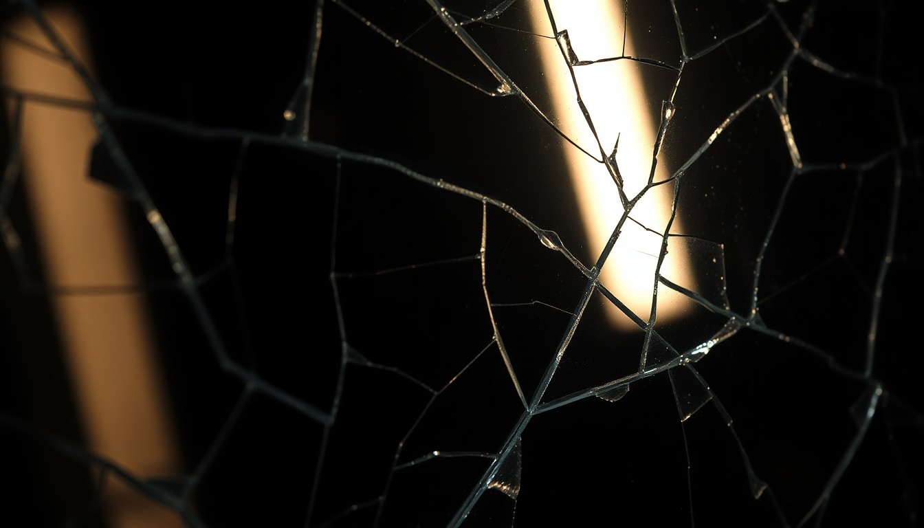 An extreme close-up photograph of a cracked and shattered window pane, reflecting a dim, distorted light, conceptually illustrating the aftermath of a violent incident between neighbors.