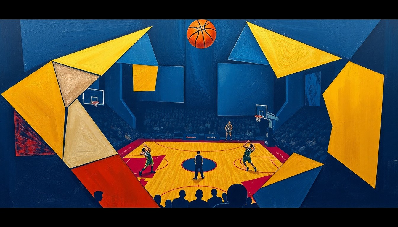 A cubist-style painting depicting a basketball game broken down into sharp, overlapping geometric shapes in vibrant colors, capturing the dynamic movement and competition of the sport.