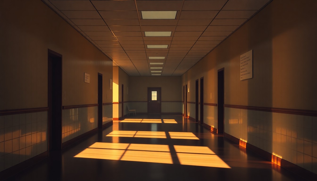 A serene, dimly lit school hallway with sunlight streaming in through windows, creating a sense of quiet contemplation about the difficult budget decisions facing the district.