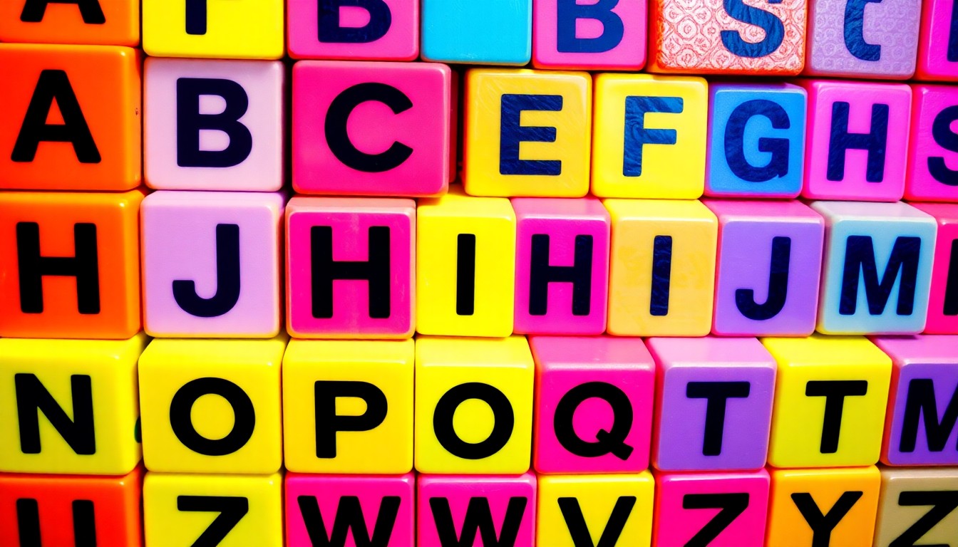 A highly stylized, pop art-inspired illustration featuring a repeating grid pattern of colorful children's alphabet blocks, conceptually representing the building blocks of early literacy education.