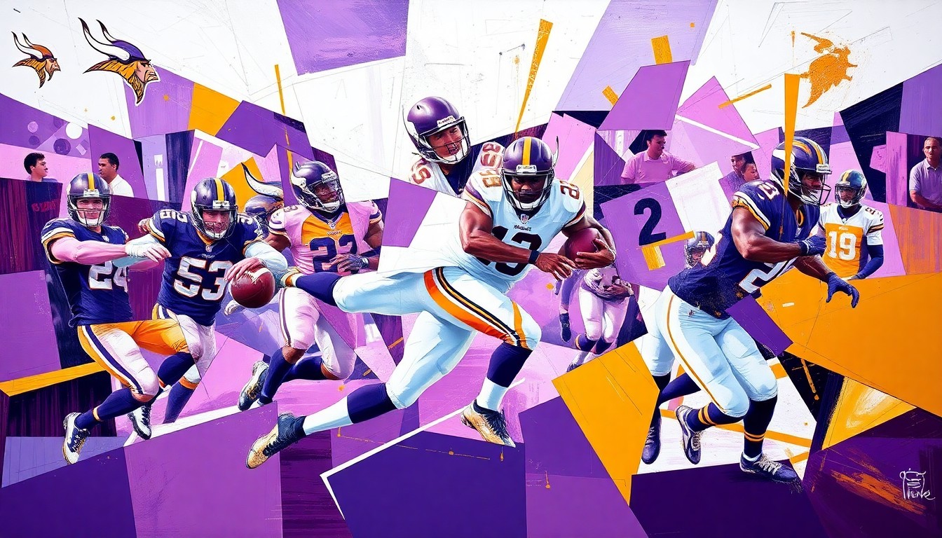 A fragmented, geometric painting in bold colors depicts a Vikings football player or game scene, with sharp, overlapping shapes and planes representing the team's ability to uncover impactful talent outside of the first round.