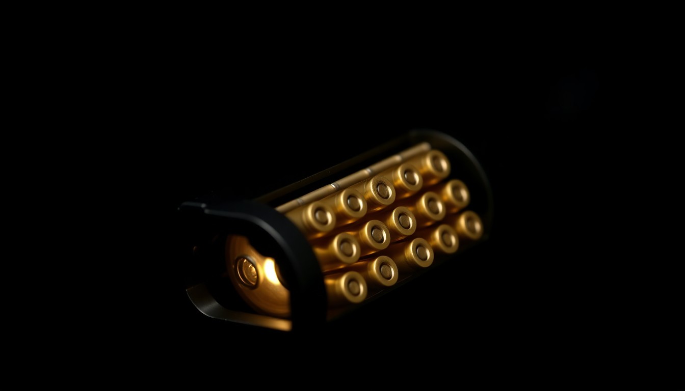 An extreme close-up photograph of a handgun magazine loaded with ammunition, lit by a harsh, direct camera flash against a pitch-black background, conceptually illustrating the dangerous nature of the armed suspect at the center of this police chase.