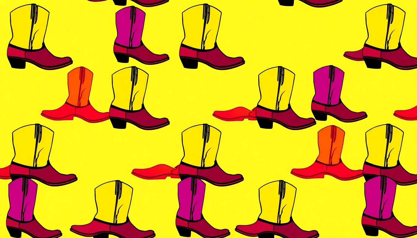 A bold, colorful silkscreen illustration featuring a repeating pattern of a classic cowboy boot in a vibrant neon color palette, capturing the celebratory and iconic nature of the Alachua Lions Club's longstanding Cattlemen's Banquet.