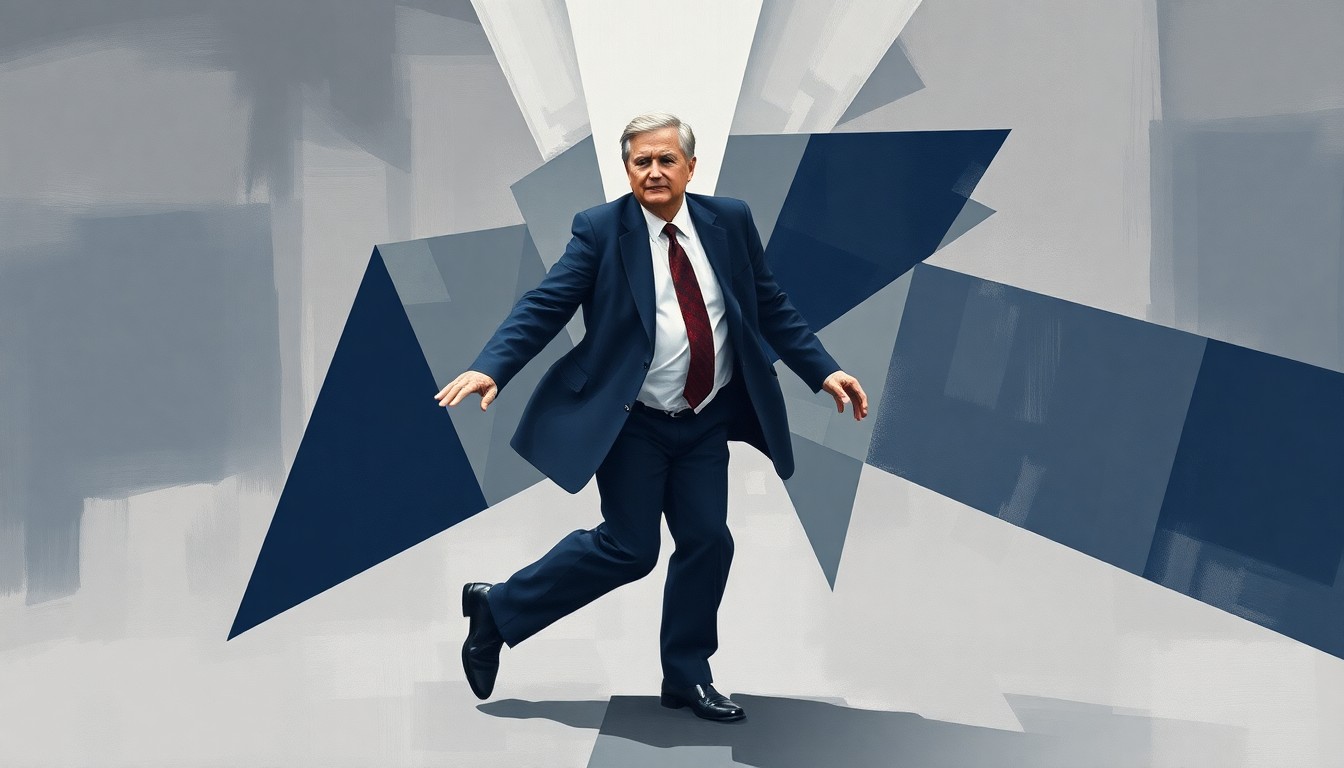 A fractured, abstract painting in shades of gray and navy blue depicting a blurred, overlapping figure of a politician, conveying a sense of instability and disarray.