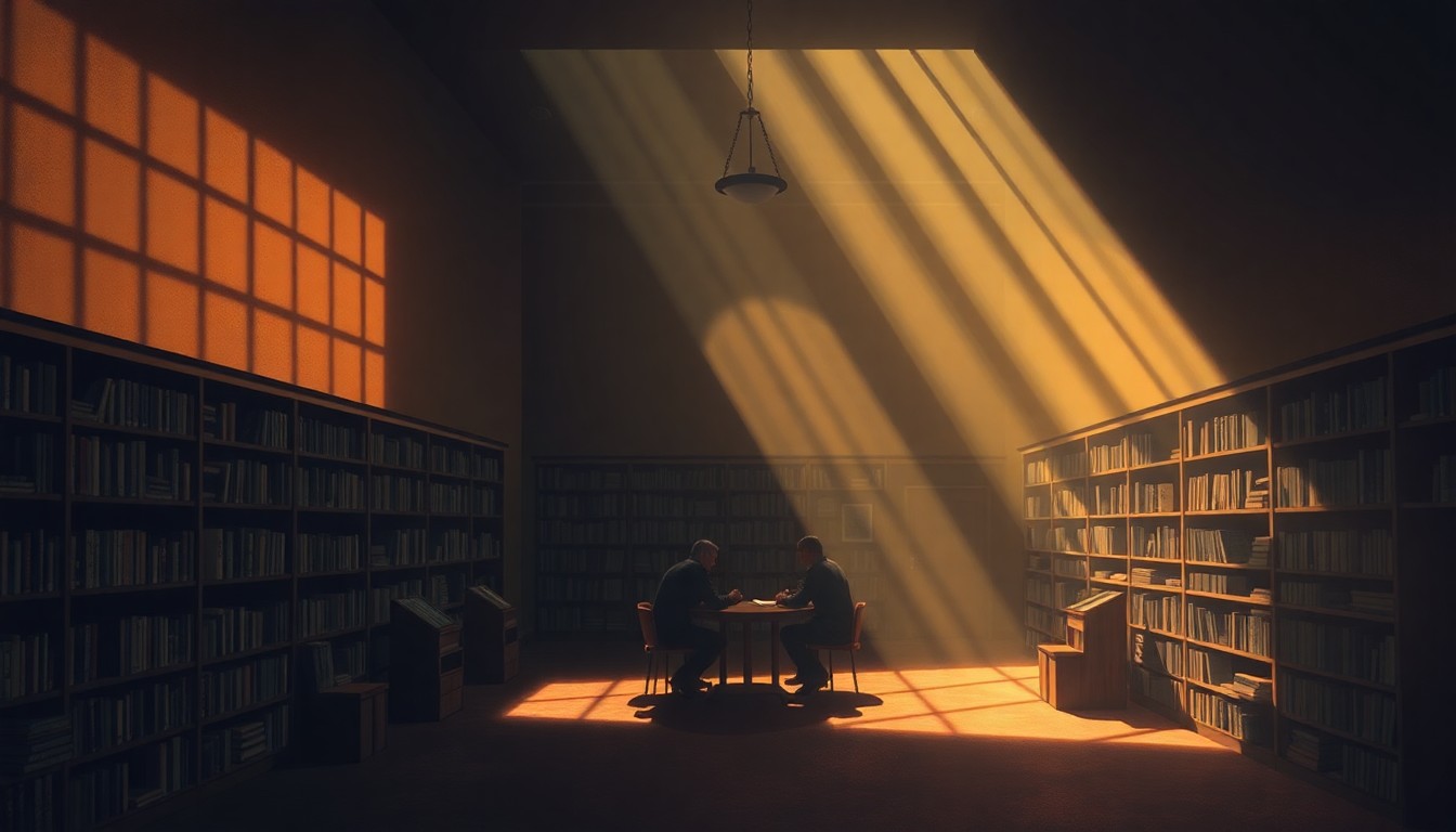 A warm, cinematic painting of a cozy bookstore interior with people gathered around a central table, conveying a sense of community and civic engagement.