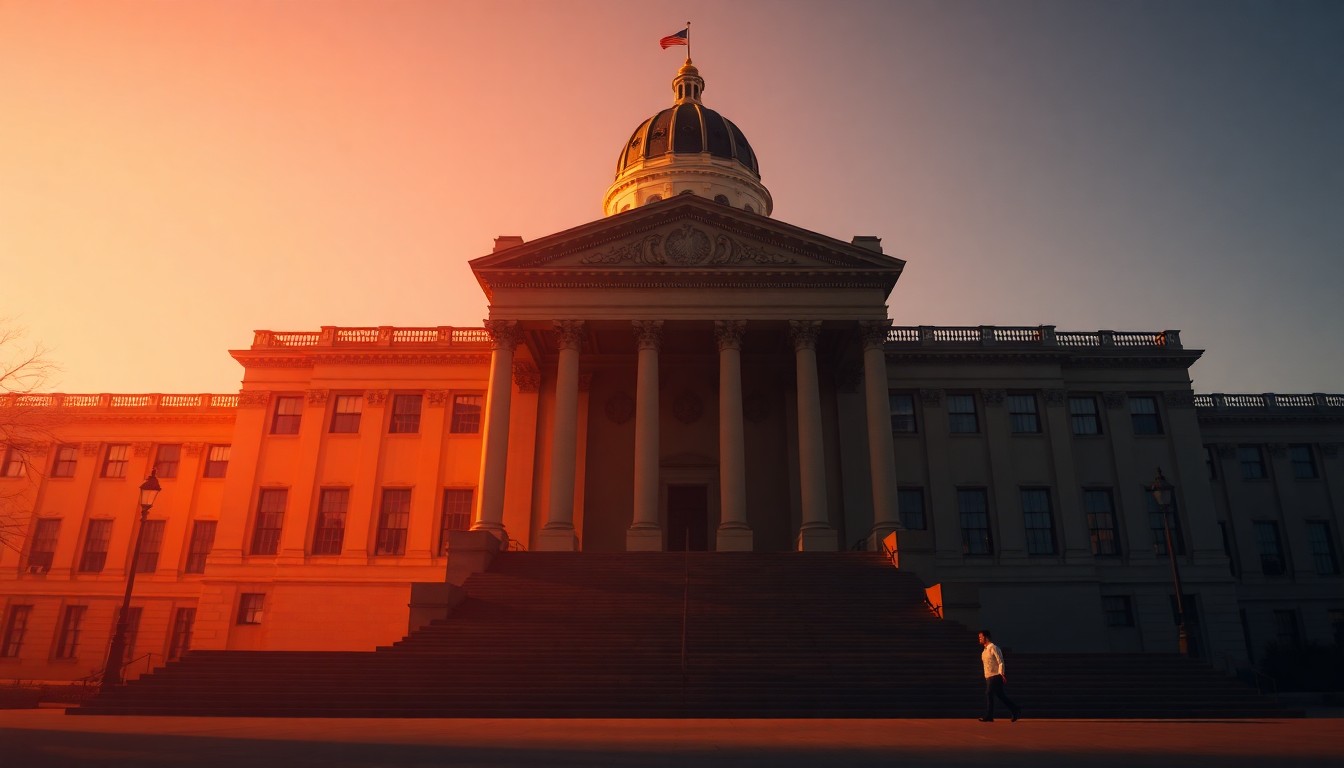 A photorealistic painting of the Maryland State Capitol building in Annapolis, with the structure bathed in warm, golden sunlight and deep shadows, conveying a sense of quiet contemplation after a turbulent period.