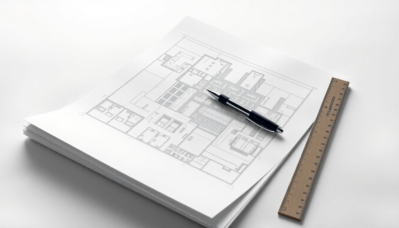 A photorealistic studio still-life featuring a stack of architectural blueprints, a pen, and a ruler arranged on a clean, monochromatic background, conceptually representing the transition of office spaces into residential units in Chicago.