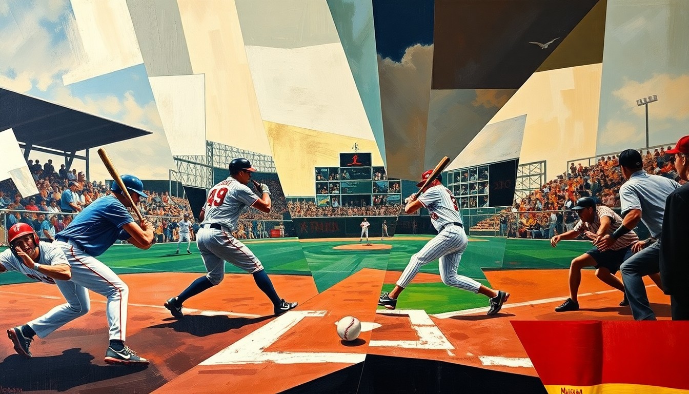A cubist, geometric painting depicting the dynamic motion and energy of a baseball game, with players' bodies and the ball deconstructed into abstract shapes and planes of color.