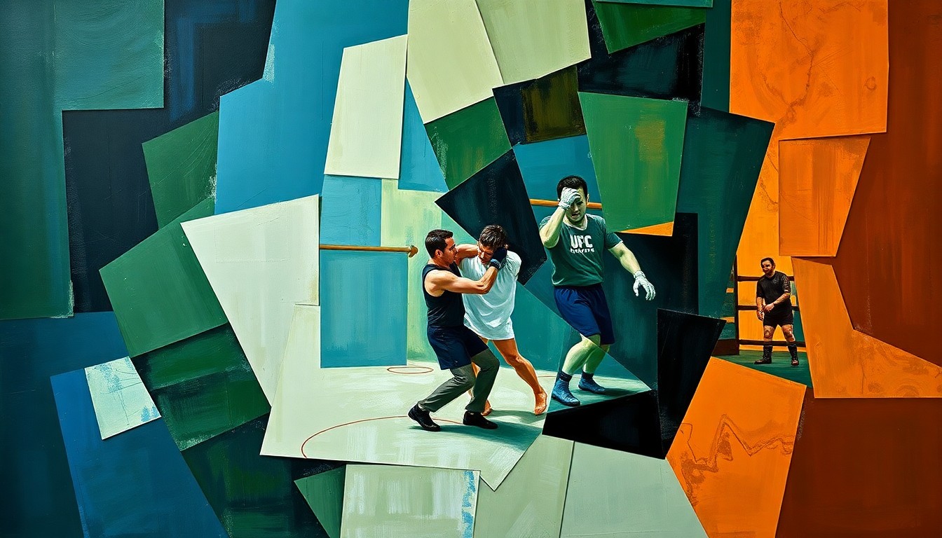A cubist, geometric painting depicting a mixed martial arts training session, with overlapping planes of deep blue, forest green, and burnt orange colors representing the dynamic movements and grappling techniques of the fighters.