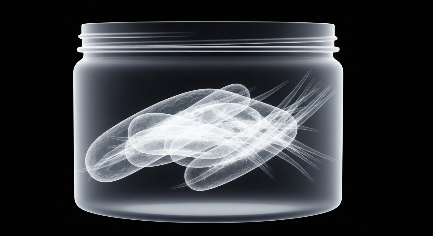 A ghostly, translucent X-ray photograph showing the internal structure of a medical gel container, with glowing lines representing the bacterial contamination revealed.