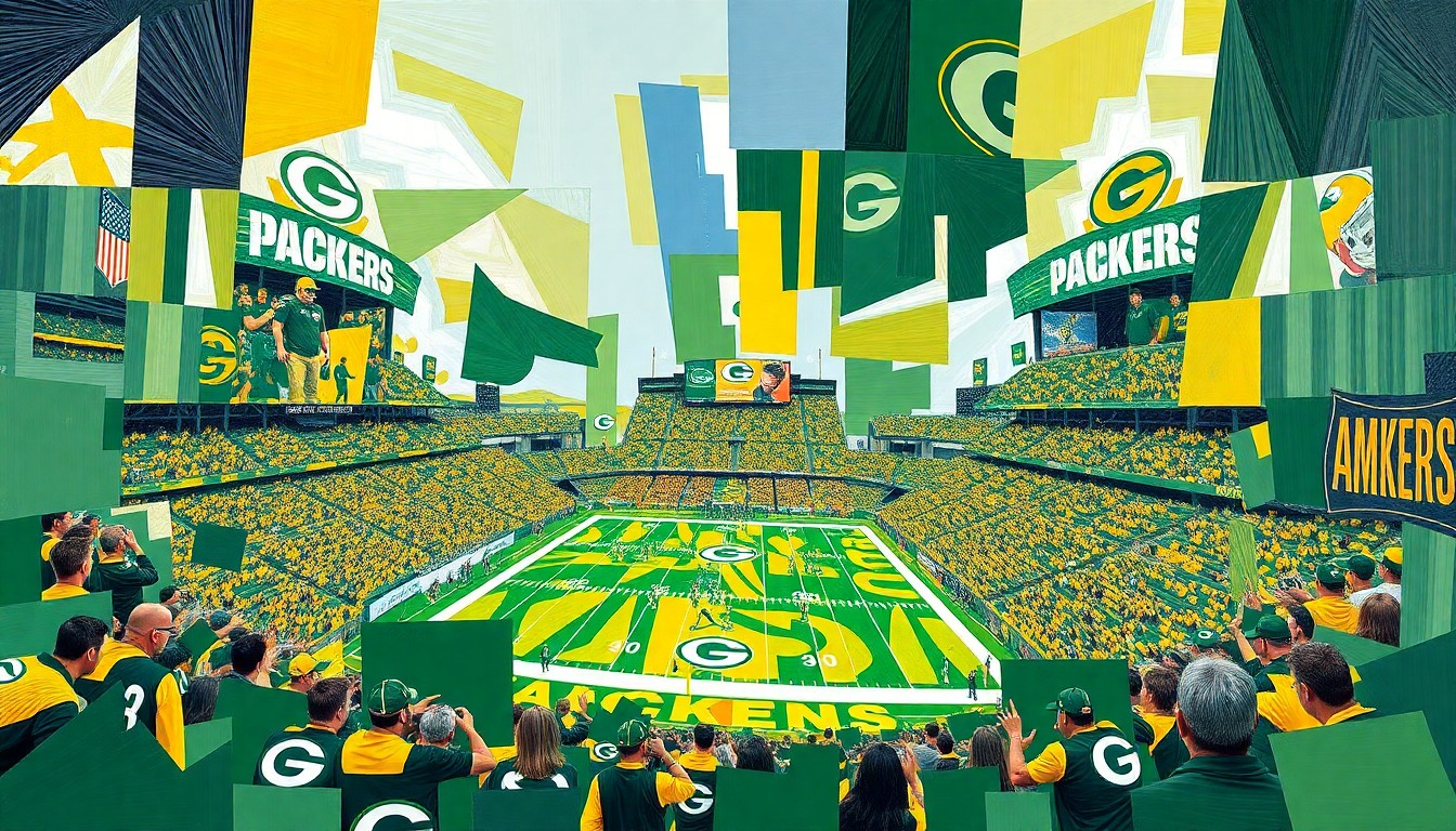 A cubist, geometric painting in shades of green and gold, depicting a fragmented, multi-perspective scene of a Packers football game or Lambeau Field, capturing the energy and passion of the team's fans.