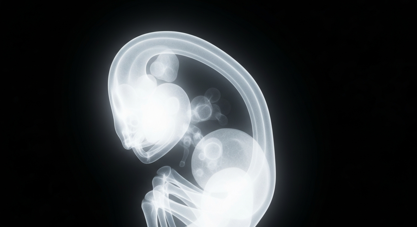 A ghostly, translucent X-ray photograph revealing the delicate internal structures of an embryo or fetal development, conceptually representing the fragility and importance of fertility treatments.