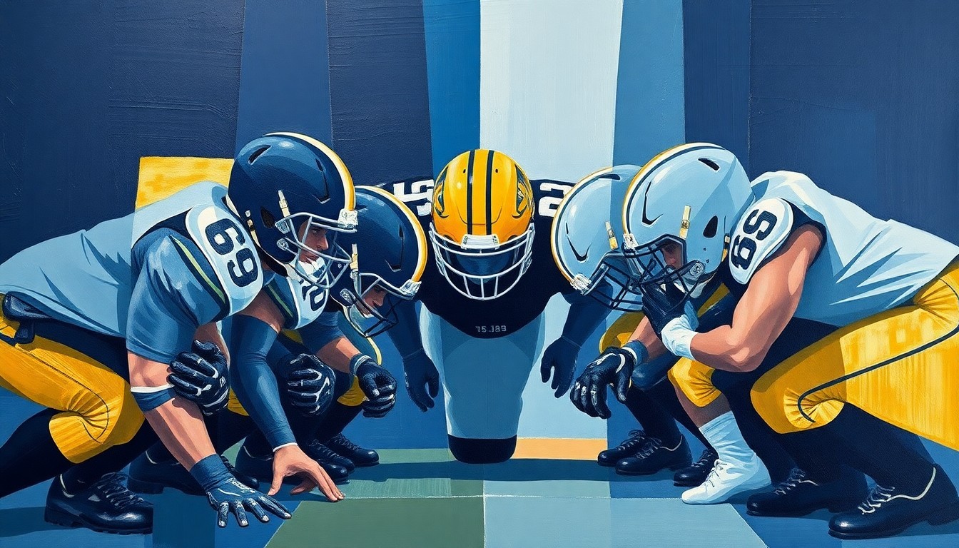 A fragmented, geometric painting depicting the Chargers' offensive line in a cubist style, with sharp planes of navy blue, powder blue, and gold representing the various positions and movements of the linemen.