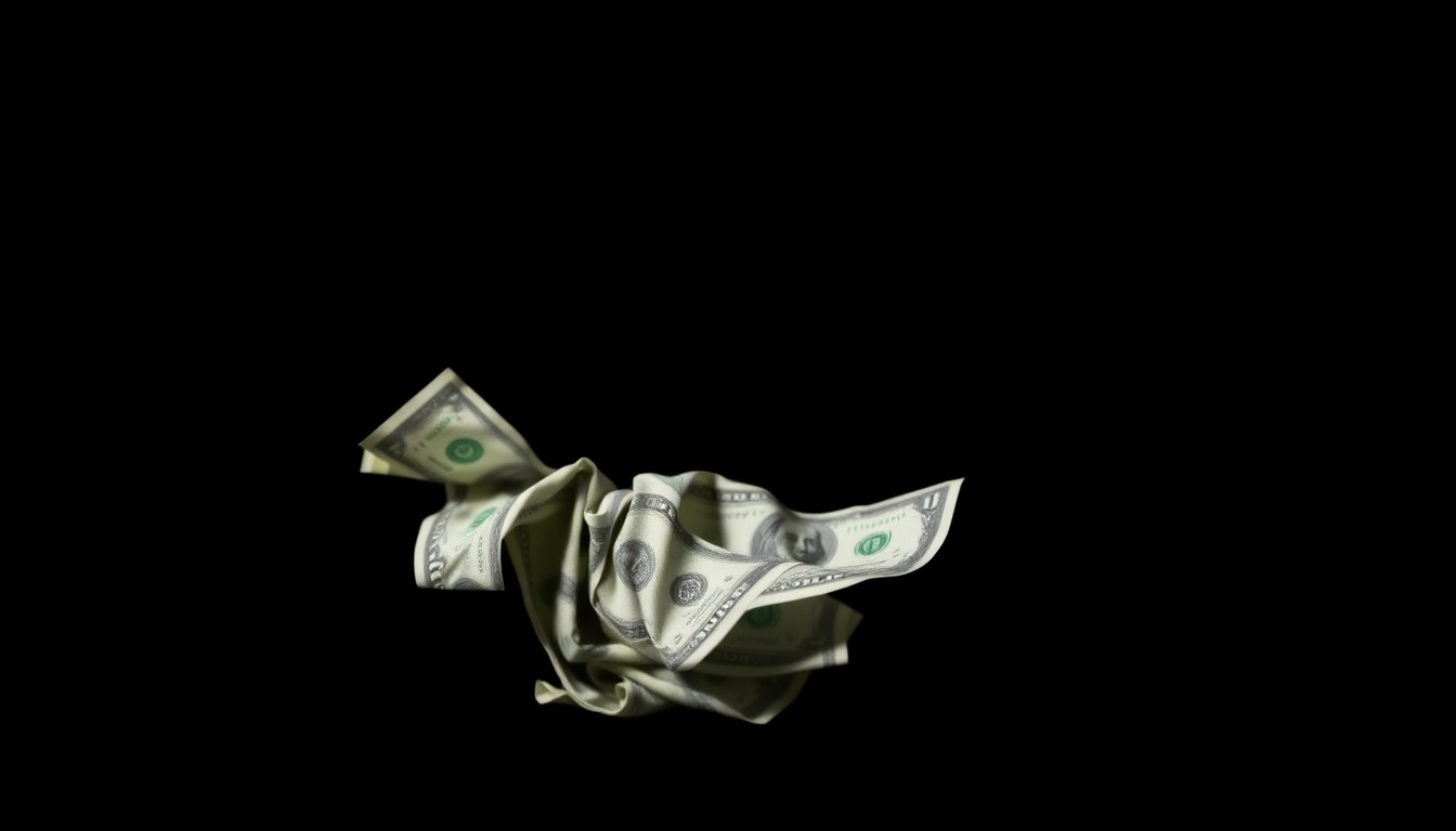 An extreme close-up photograph of a crumpled wad of cash bills, the harsh flash illuminating the textured paper and creating dramatic shadows, conceptually representing the financial exploitation of vulnerable families by a bail bonds scam.