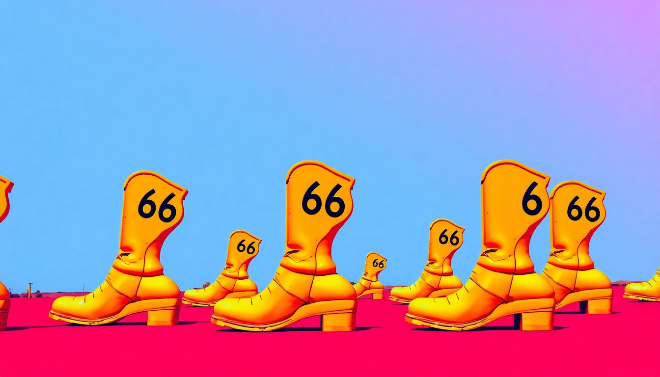 A vibrant, high-contrast silkscreen print of a single, stylized Route 66 boot sculpture repeated in a grid pattern, using bold neon colors and heavy black outlines to create a modern pop art representation of the upcoming centennial monument.