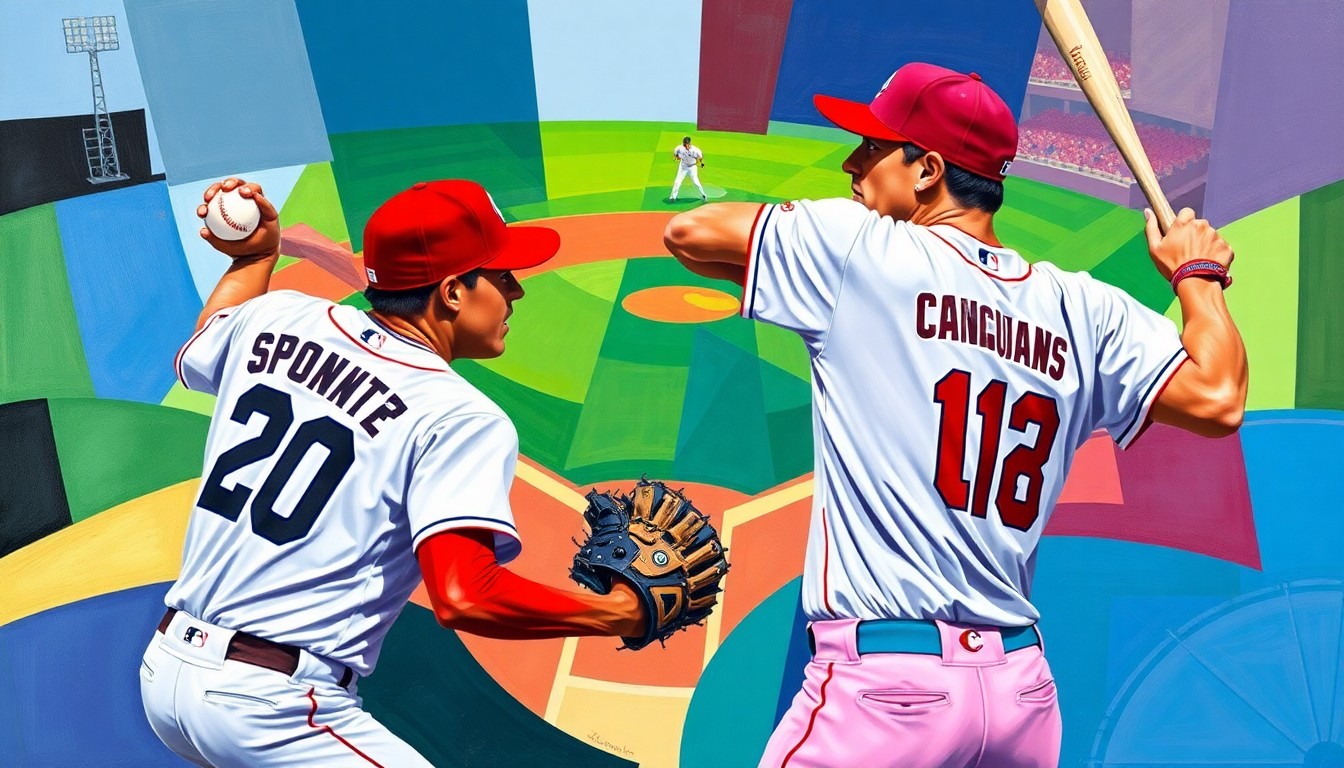 A fractured, multi-perspective painting featuring sharp, overlapping geometric shapes in the team colors of the Spokane Indians and Vancouver Canadians, conceptually representing the dynamic action and competition of a baseball game.