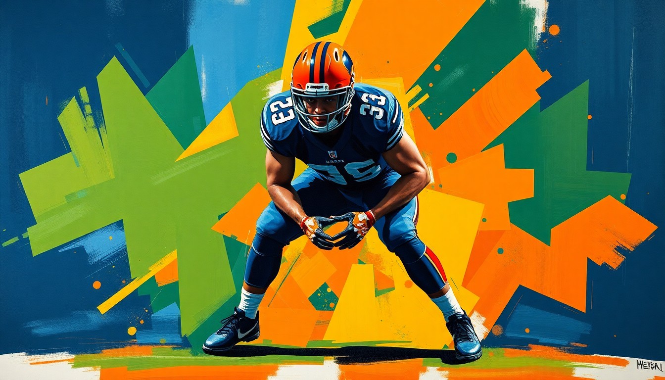 A fragmented, cubist-style painting depicting a football player in a defensive line stance, with their body and movements broken down into sharp, overlapping geometric shapes in navy blue, orange, and green hues, conveying the power and energy of defensive line play.