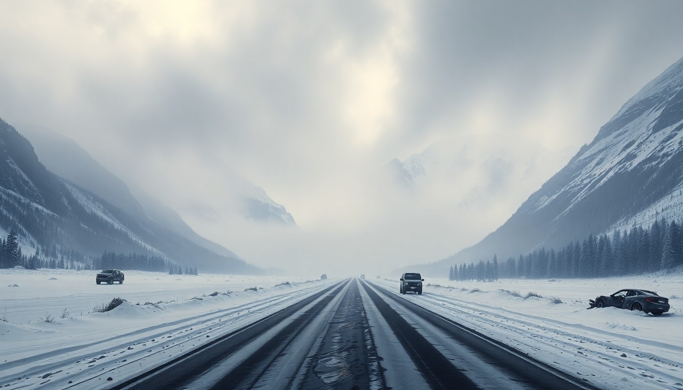 A vast, atmospheric landscape painting in muted tones of gray, white, and blue, depicting a snow-covered highway winding through towering mountains shrouded in heavy fog, conceptually representing the hazardous driving conditions that caused a major multi-vehicle crash.