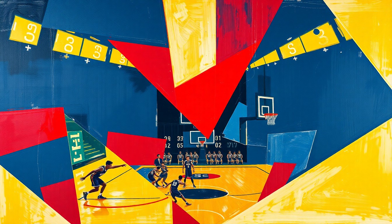 A cubist, geometric painting depicting the chaotic motion and energy of a high school basketball game, with players and the court fragmented into sharp, overlapping planes of navy, red, and yellow.