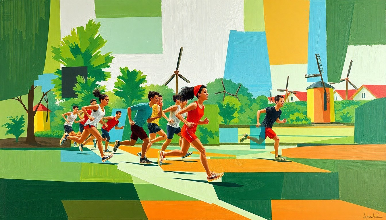 A cubist-style painting featuring overlapping geometric shapes and planes in shades of green, blue, and brown, conceptually representing the motion and energy of a running race through a public park.