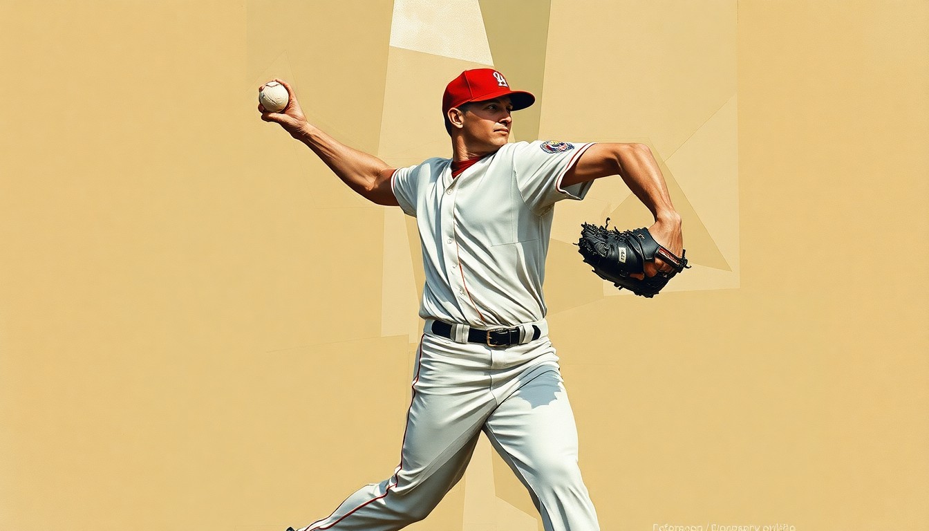 A fractured, geometric painting depicting a baseball pitcher's motion broken down into sharp, overlapping planes of muted earth tones, conceptually representing the intricate physical challenges of the sport.