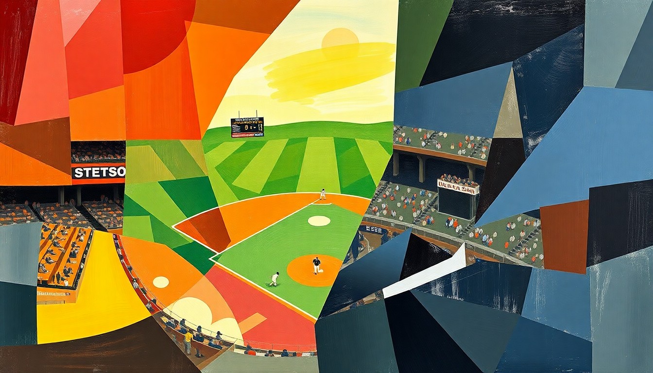 A fragmented, cubist-style painting depicting various action sequences from a baseball game, with players, bats, and baseballs broken down into sharp, overlapping geometric shapes and planes of color, creating a dynamic and abstract visual representation of the sporting event.